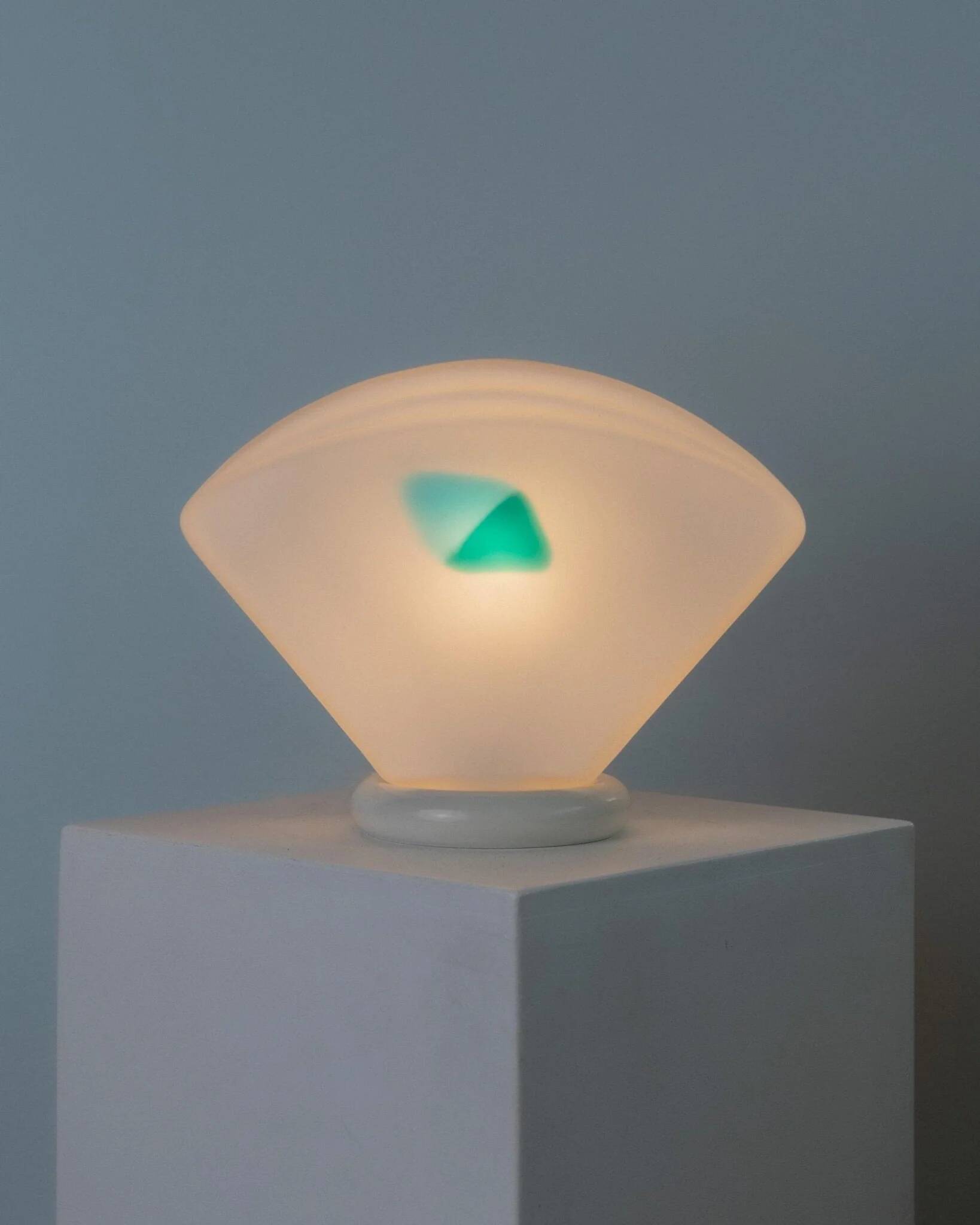 Murano glass table lamp - shell silhouette, frosted glass with blue detail - postmodern Memphis style, 1980s Italy - bedside lamp, gift idea