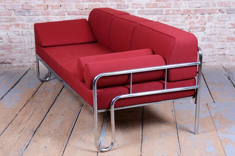 Bauhaus Sofa in Chrome and Upholstery by Hynek Gottwald, Czech, 1930s