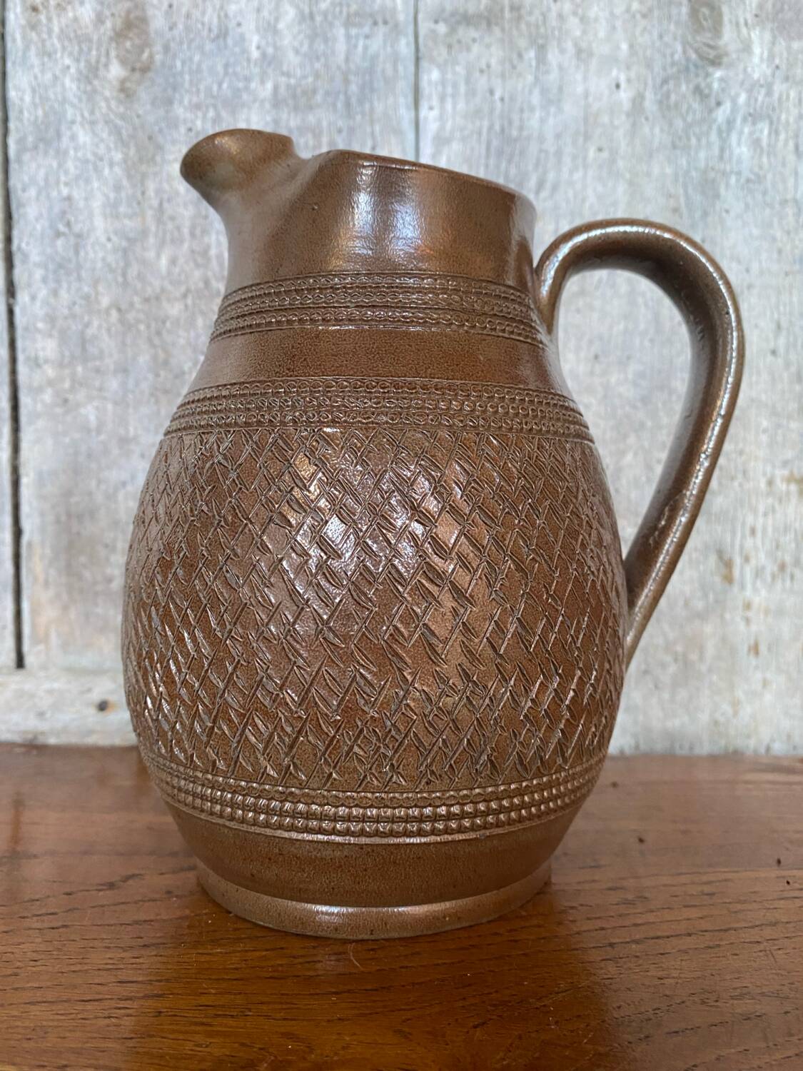 Antique brown stoneware pitcher geometric chiseled decor made in france vintage