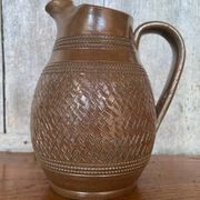 Antique brown stoneware pitcher geometric chiseled decor made in france vintage