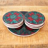 Vintage Jersey Pottery Coaster Set, 1970s Ceramics, Red & Aqua Blue Pattern