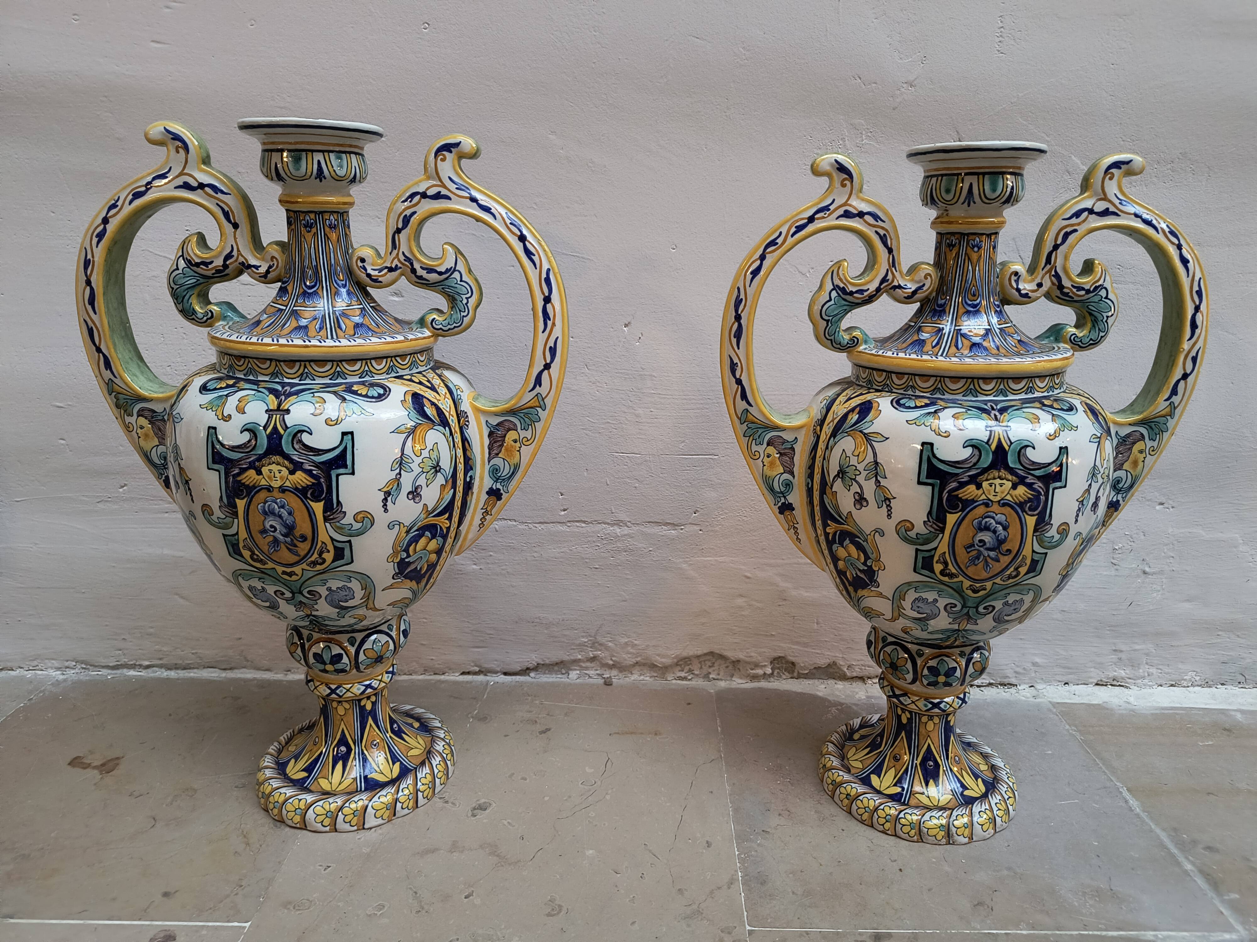 2 vases with double handles - faience from Desvres 1900