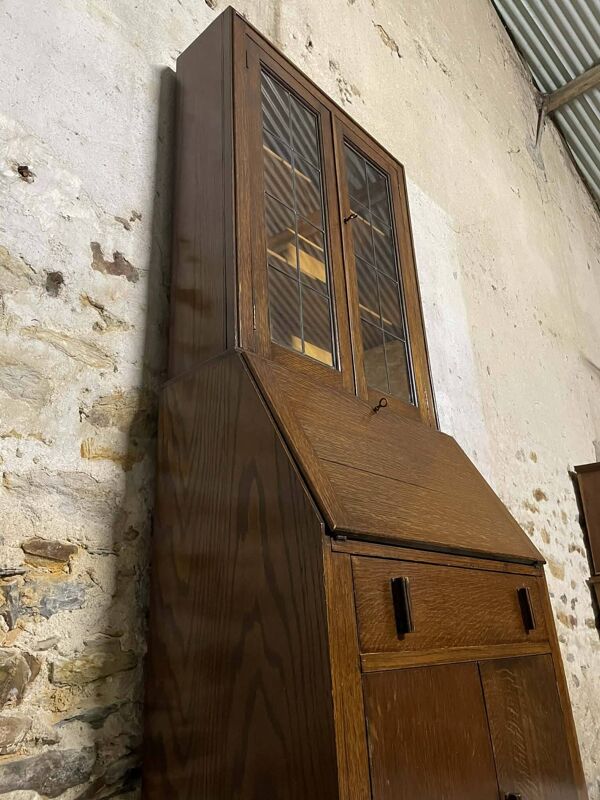 Secrétaire vitrine en chêne meuble 2 corps avec abattant