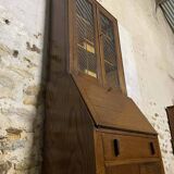 Oak display secretary cabinet, two-body furniture with drop-down front.
