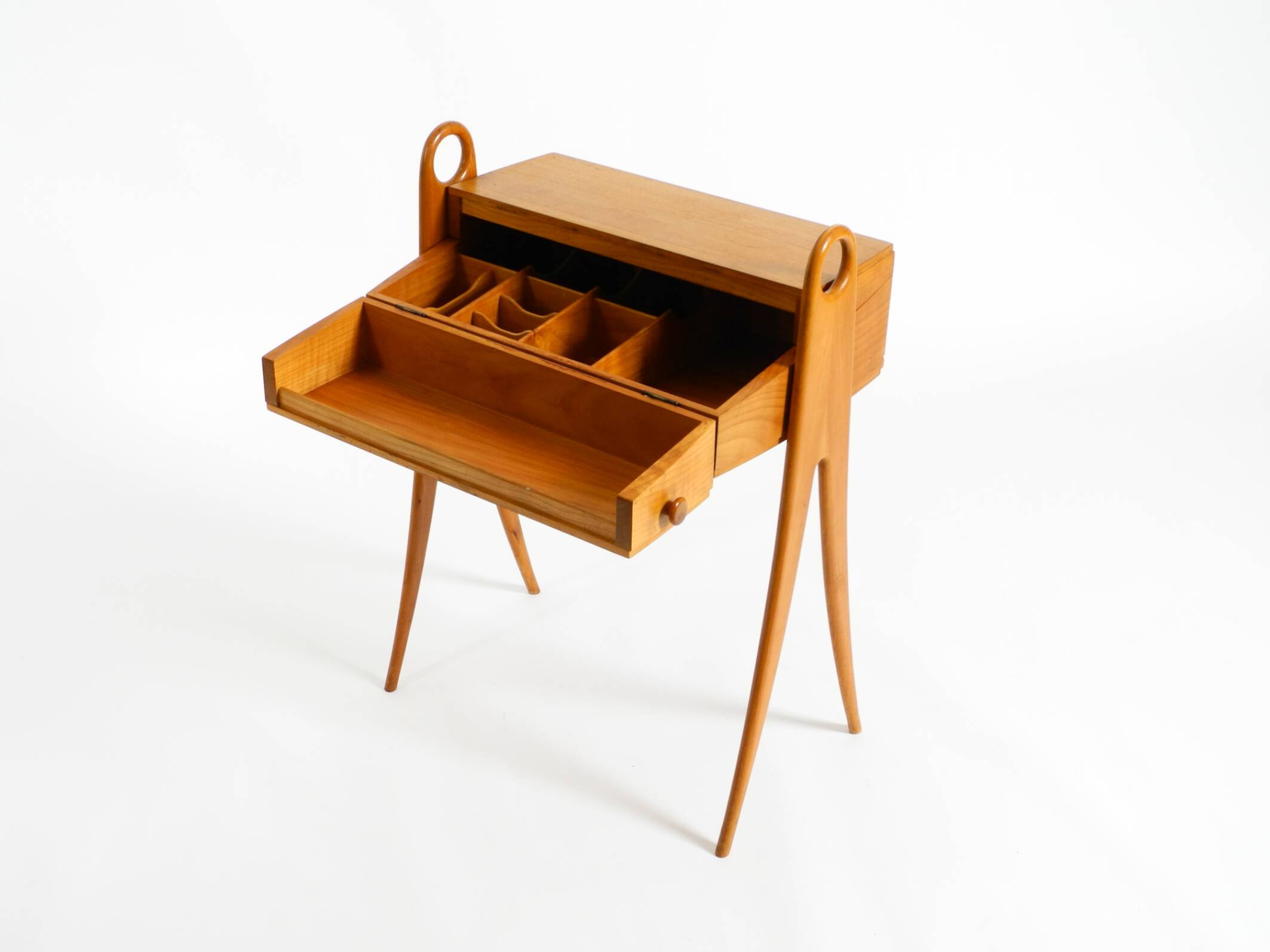 1950s ash wood sewing box, with a hinged top, multiple compartments