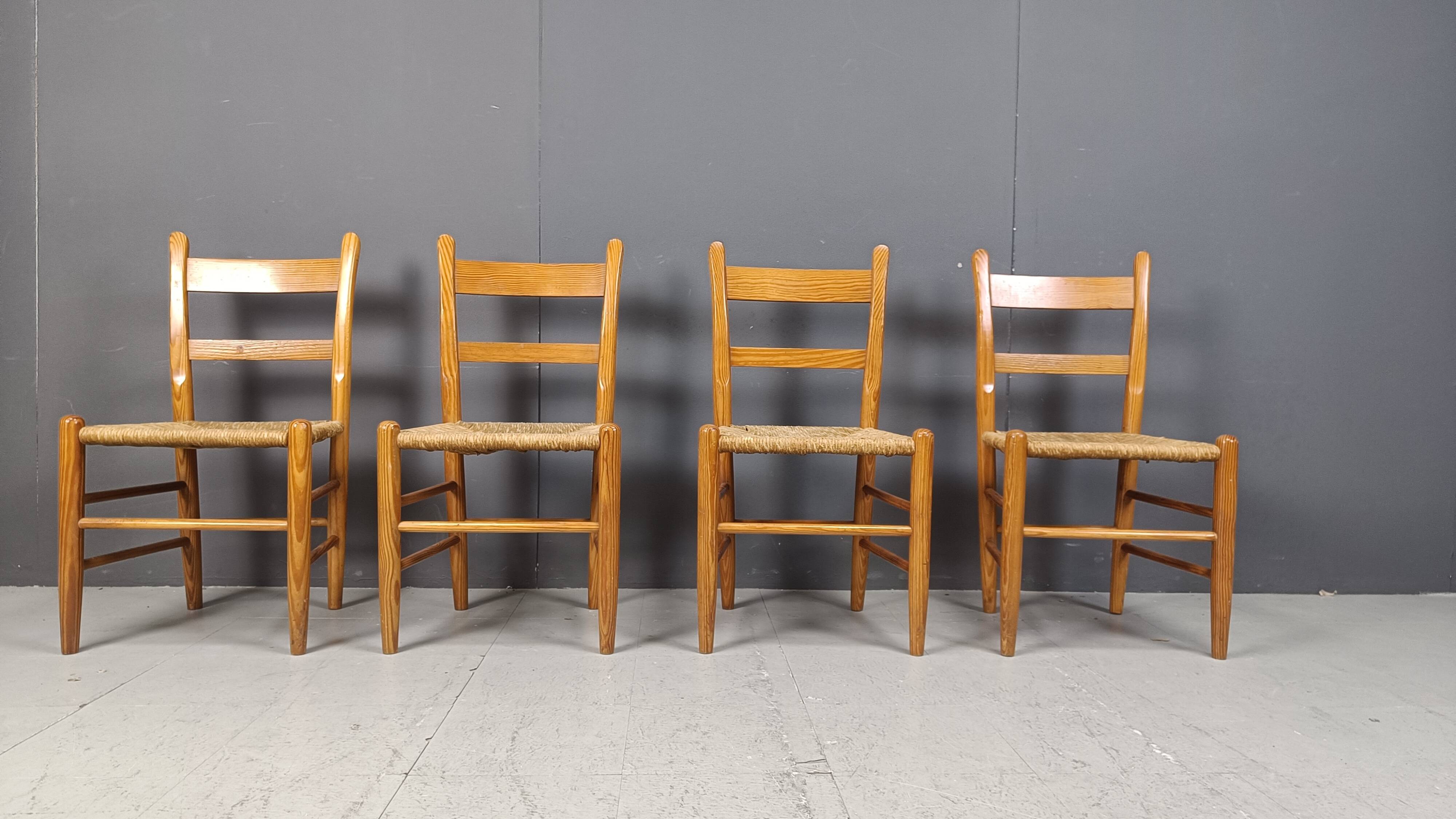 Mid century oak and wicker dining chairs, set of 4