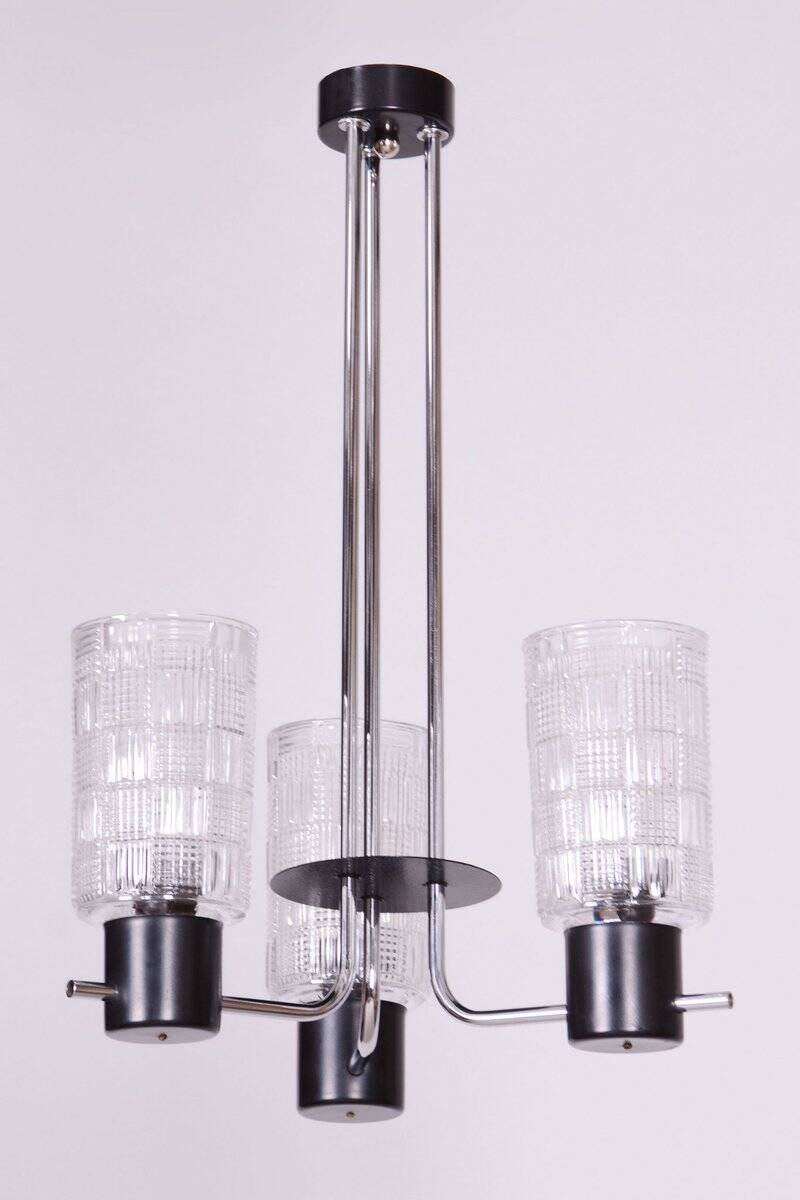 Mid-Century Chandelier in Chromed Steel and Glass by Drukov, Czech, 1970s