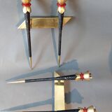 Large pair of 2-light torchiere wall lights 1950/60 in black metal and gilded brass.