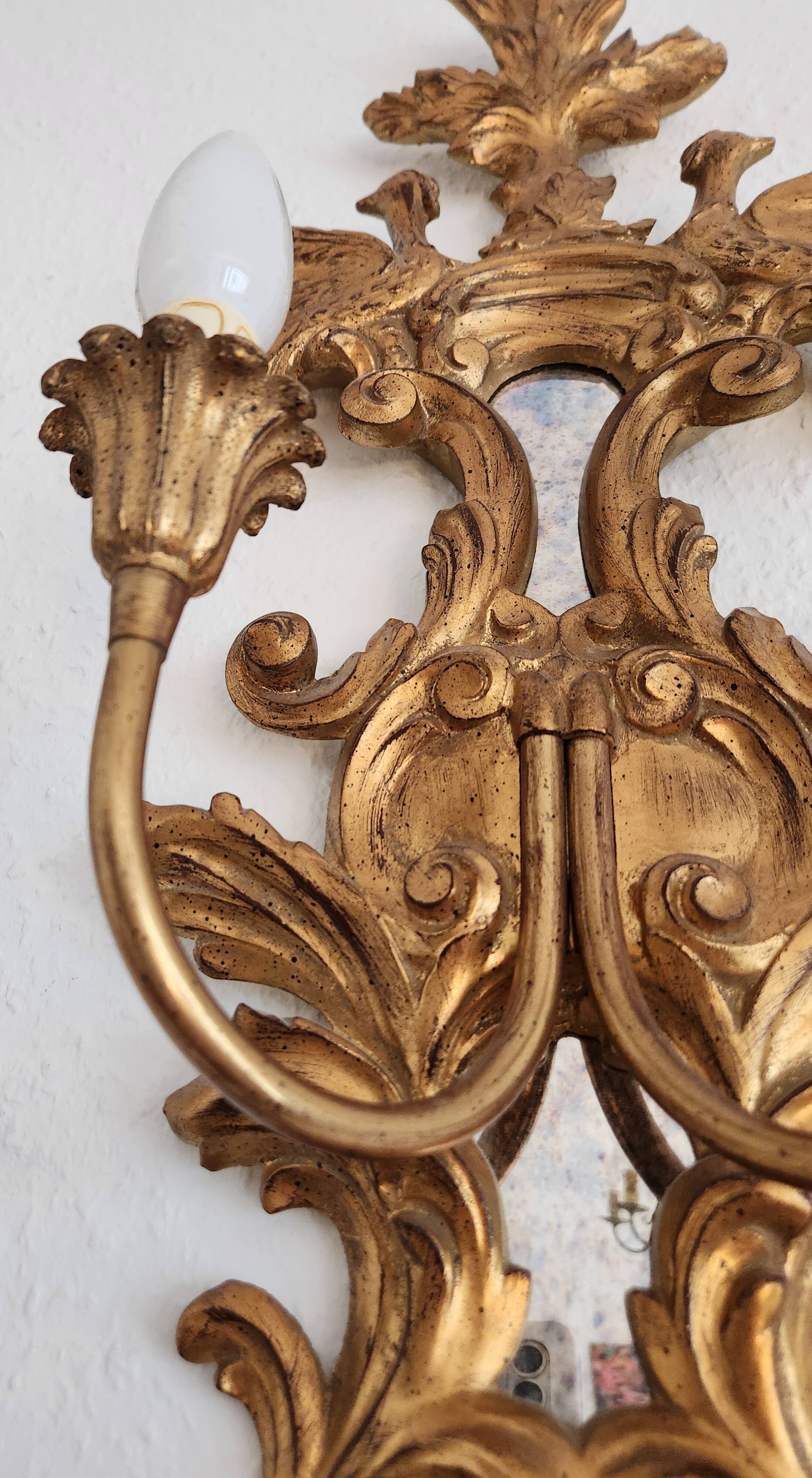 Louis XVI wall lamps Rocaille gilded carved wood antique mirror glass