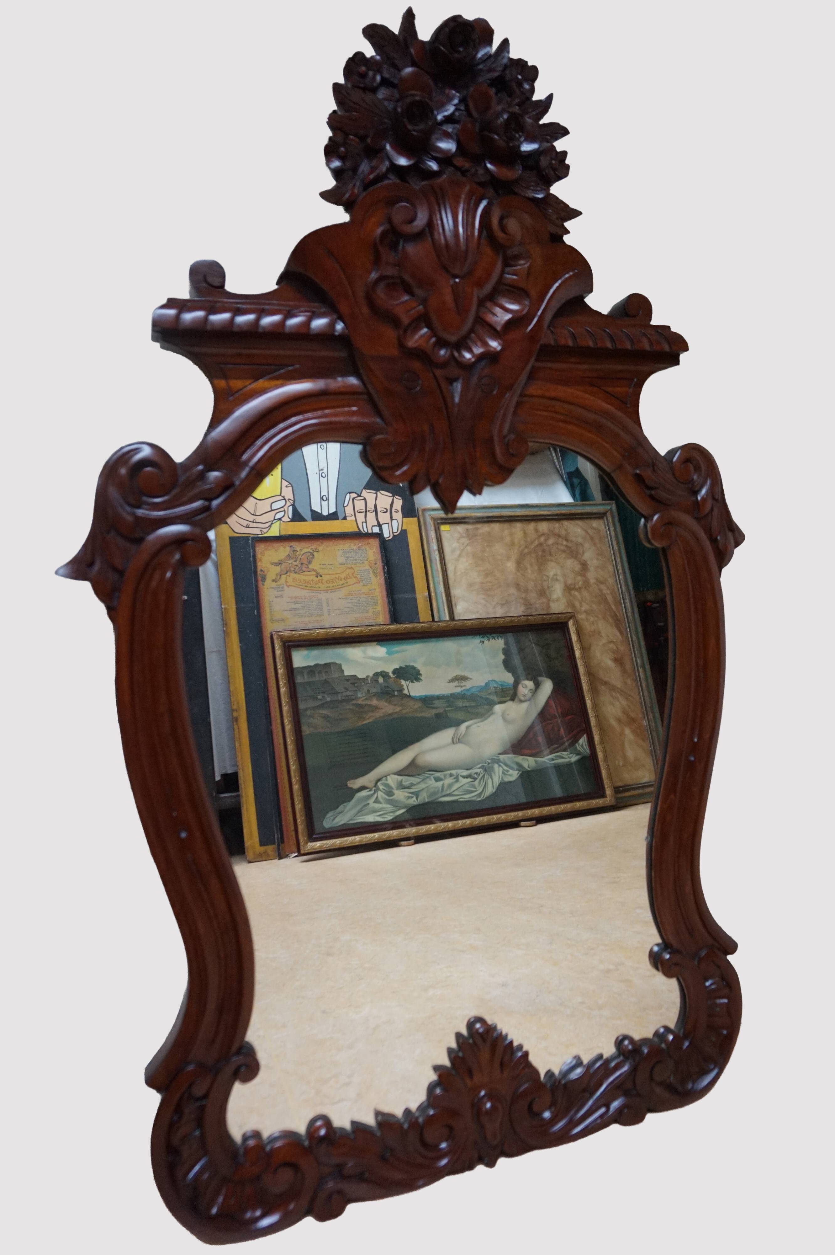 Antique Baroque Wall Mirror in Carved Mahogany