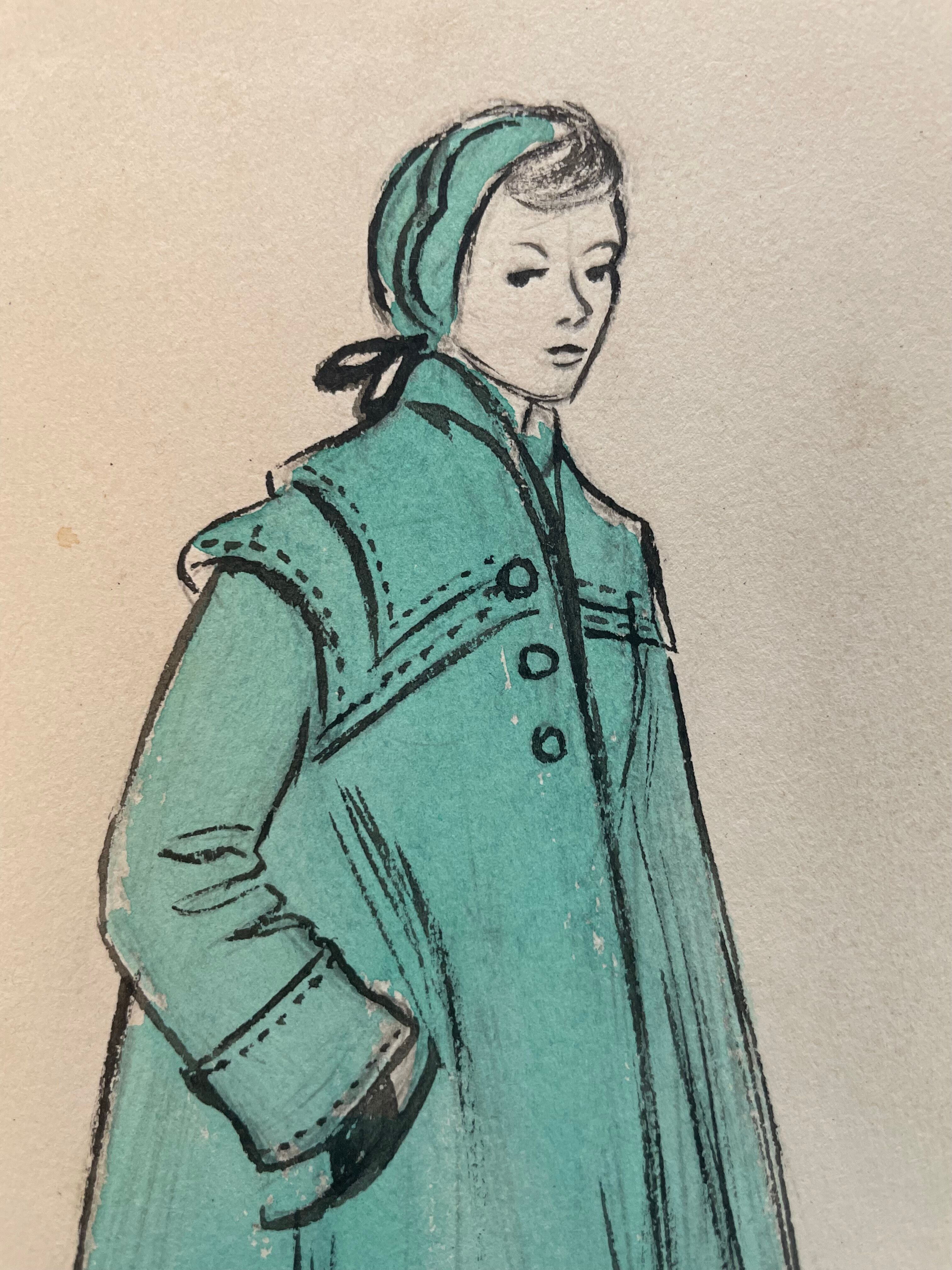 Painting painting fashion drawing women with blue coat years 30-50