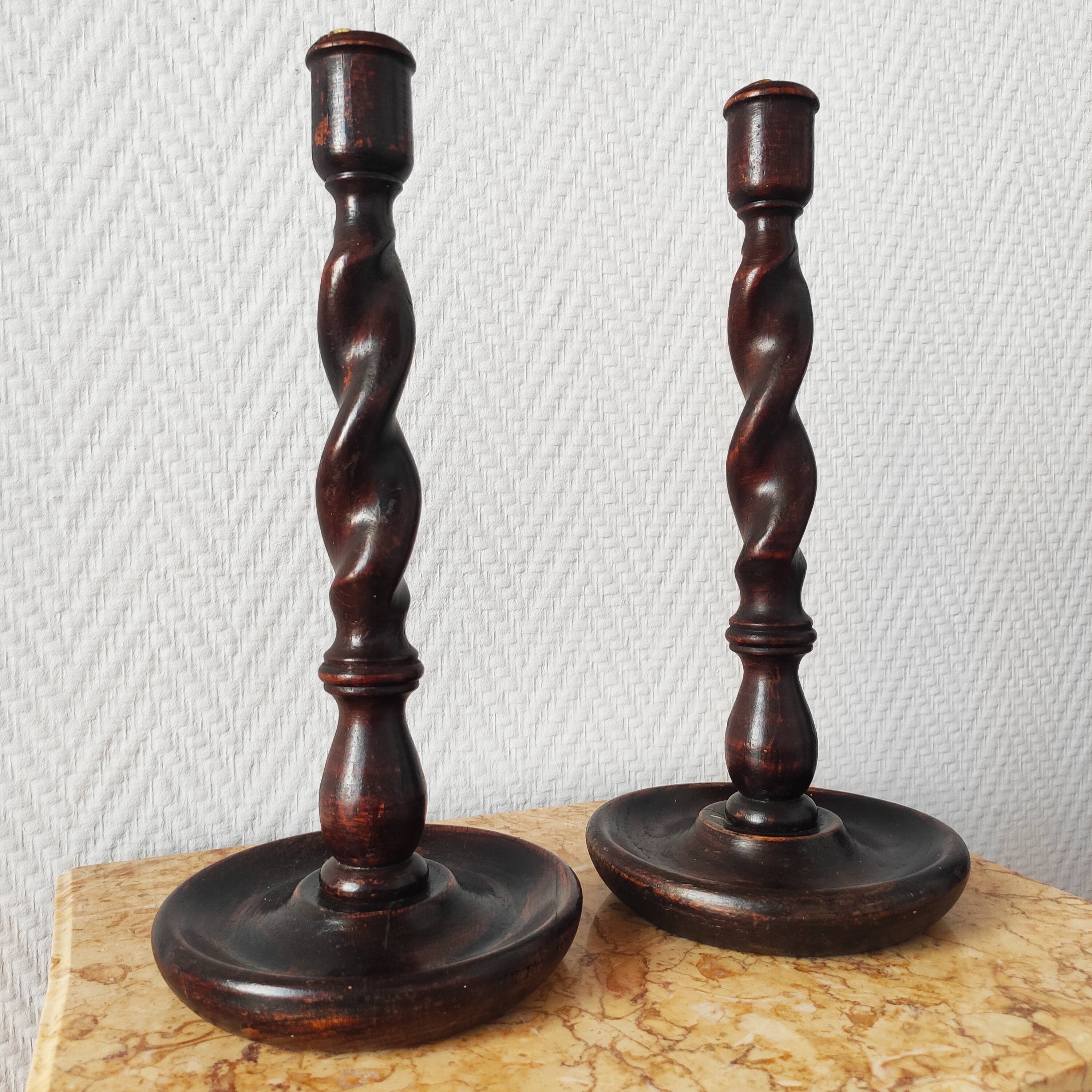 Old pair of English turned wood candlesticks