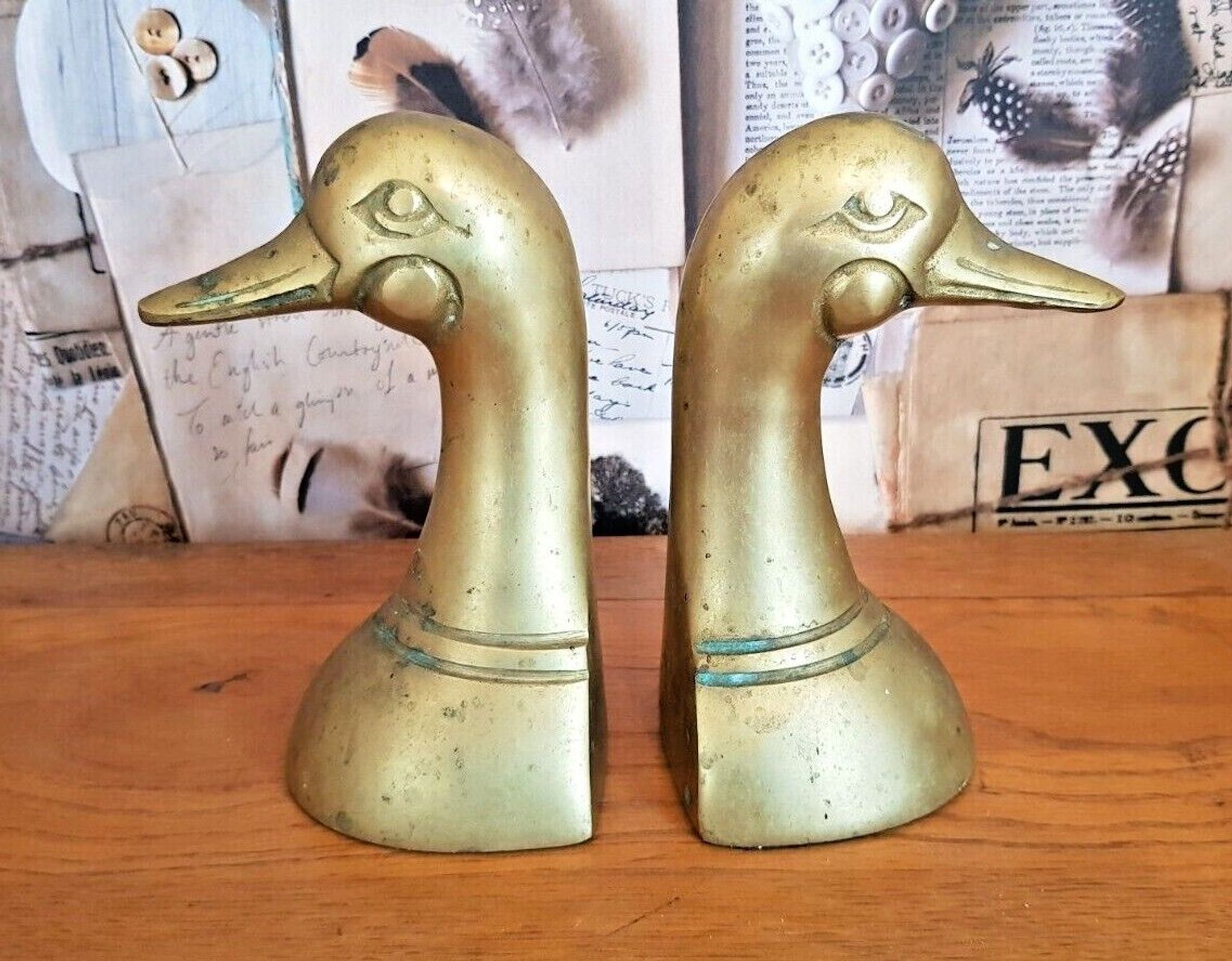 Delightful Pair of Vintage French Heavy Ornamental Brass Duck Bookends  3617