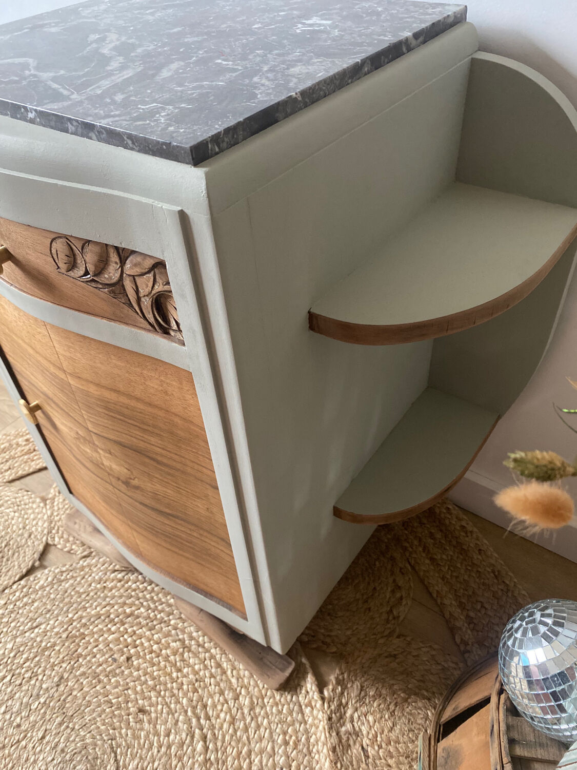 Pair of mismatched art deco bedside tables in green and wood