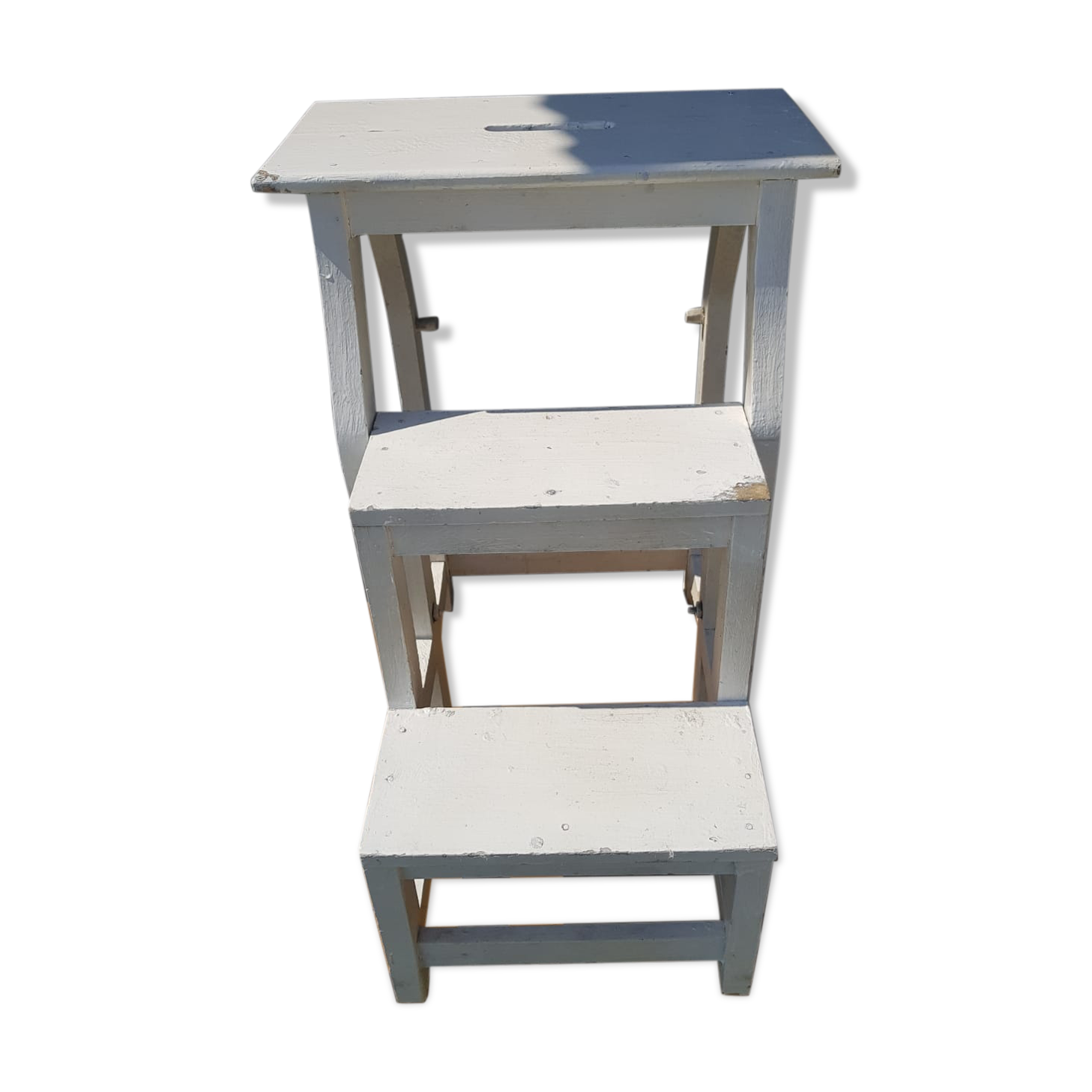 Former Escabeau Tabouret 3 Marches Bois White Escamotable Vintage