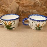 Pair antique quimper cb ceramic beige blue france cup #b287
