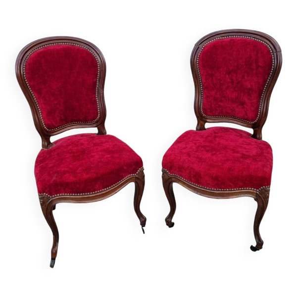 Chaises Louis XX, noyer & velours rouge