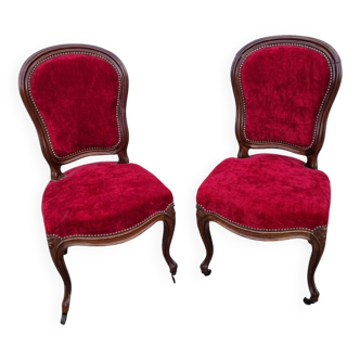 Chaises Louis XX, noyer & velours rouge