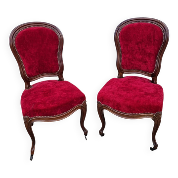 Chaises Louis XX, noyer & velours rouge