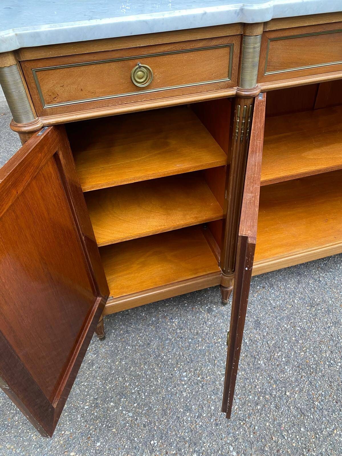 Louis XVI sideboard in solid mahogany with a white marble top, 222cm, 1950.
