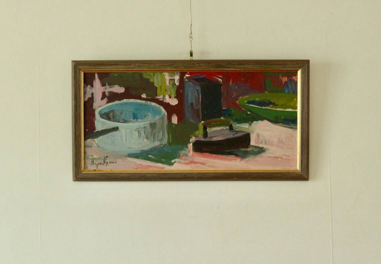 Nature morte suédoise à l'huile sur panneau avec fer et pot par Hugo Nyman