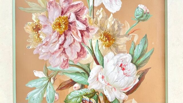 Vintage painting bouquet of peonies with butterflies 1890