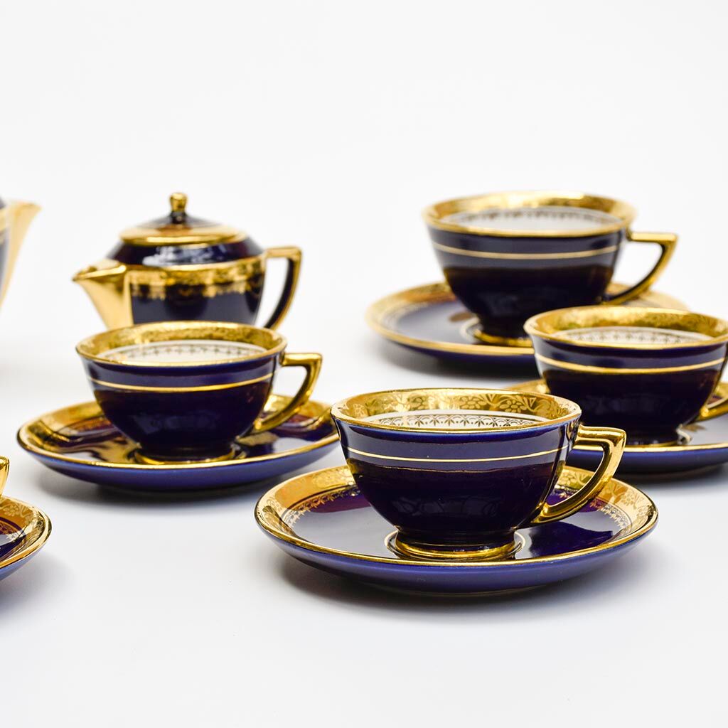 Coffee service Kréma Lafitte Asnières porcelain gold blue ⋆ Brocante Chic