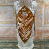 Large amber crystal vase – Engraved floral decoration – 29 cm
