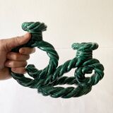 Two-armed candlestick in green glazed ceramic, braided effect