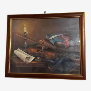 Signed oil-still life on violin