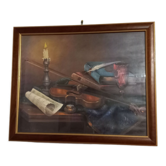 Signed oil-still life on violin