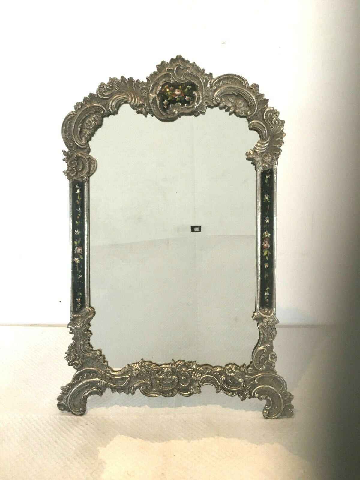 Louis XV style table mirror silver bronze frame floral painting 24x39cm