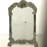 Miroir de table de style Louis XV cadre en bronze argenté peinture florale 24x39cm