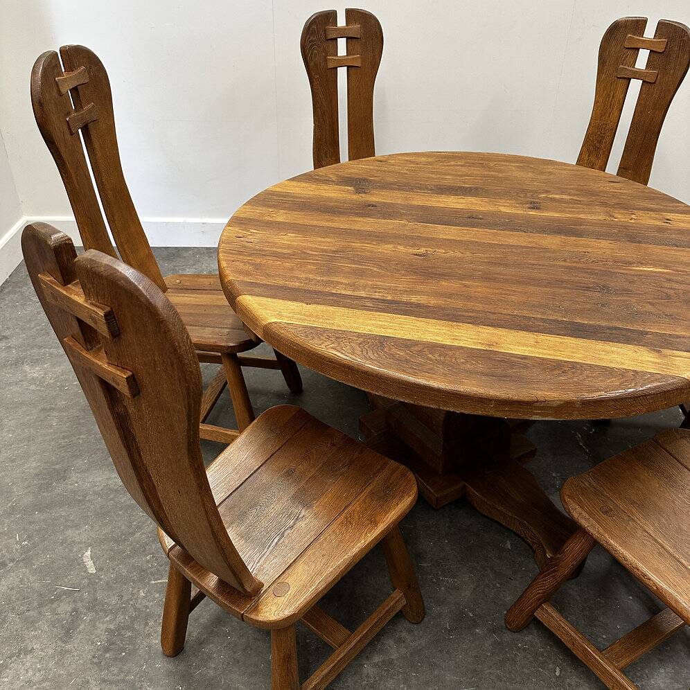 Rare majestic Depuydt brutalist oak dining set/chairs/table– Belgium, 1970s