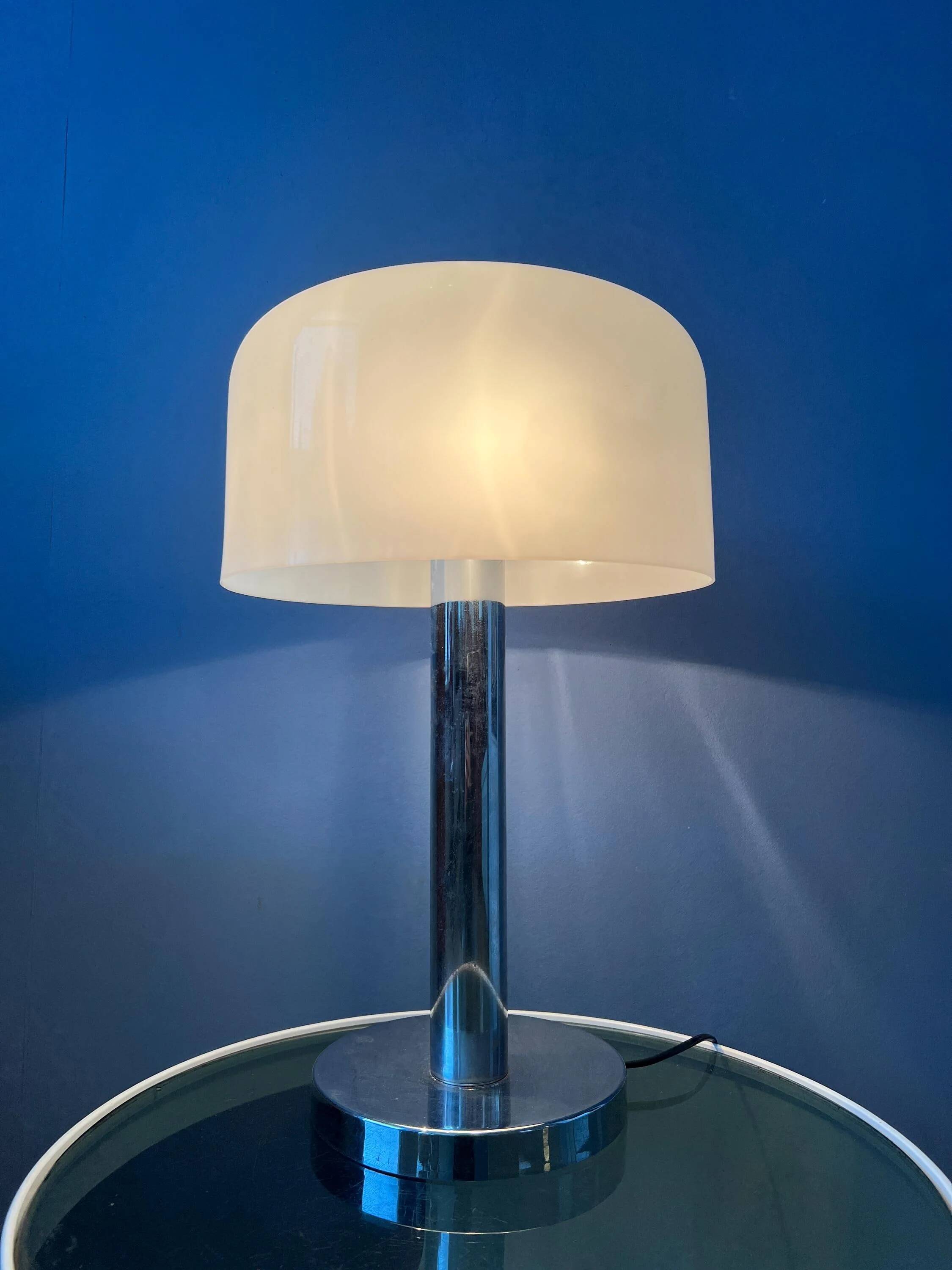 Space Age table lamp in chrome with white plexiglass mushroom shade.
