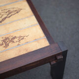 Herbarium ceramic coffee table with wooden structure, capron table, interior decoration