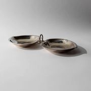 Vintage 1960s silver-plated catchall, double heart shell with ring handle.
