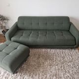 Green fabric sofa and its footrest/ottoman