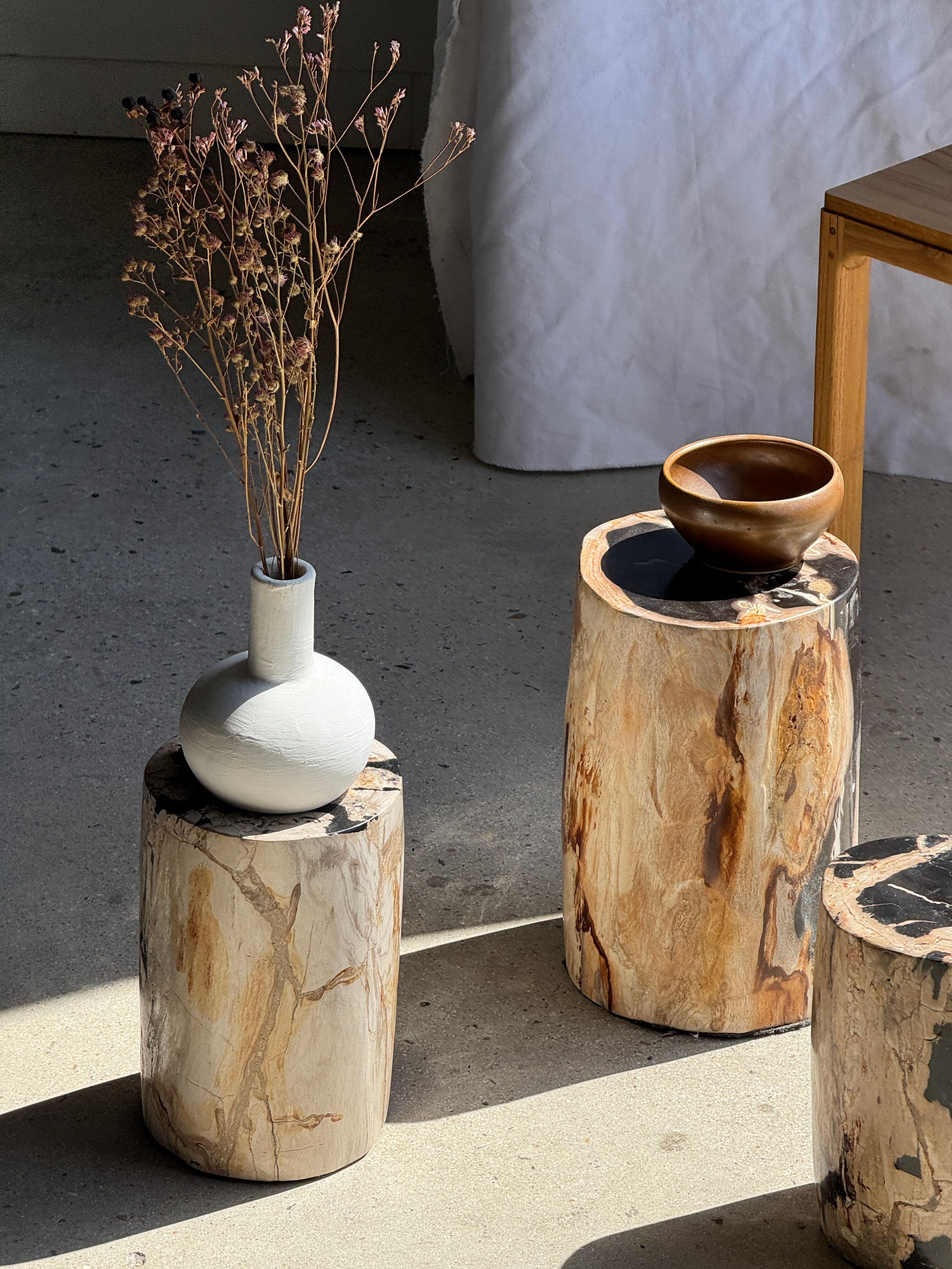Petrified wood side table, black heart, beige bark, H35 D22 - 3330