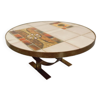 Table basse ronde vintage de Jean Gregorieff pour Roche Bobois des années 60 70 en céramique acier