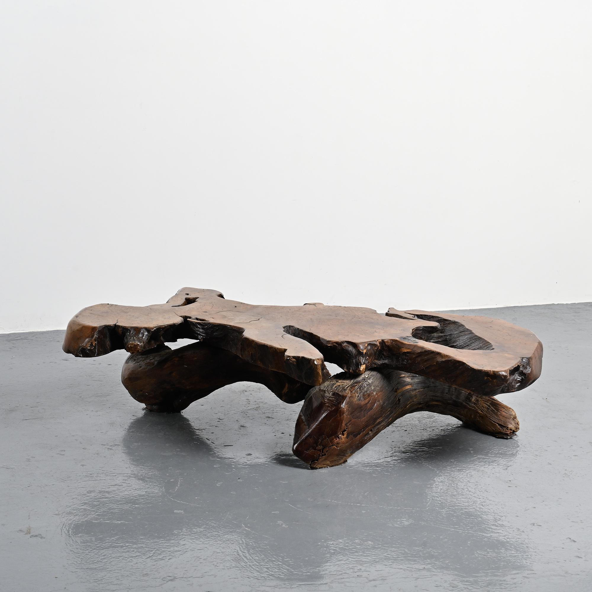 Table basse brutaliste en loupe d'orme, circa 1960