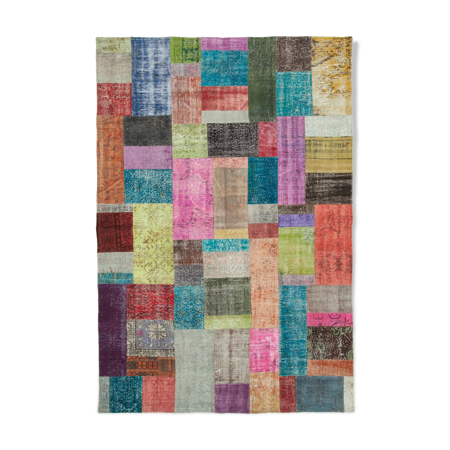 Hand-knotted oriental overdyed 204 cm x 300 cm multicolor patchwork rug