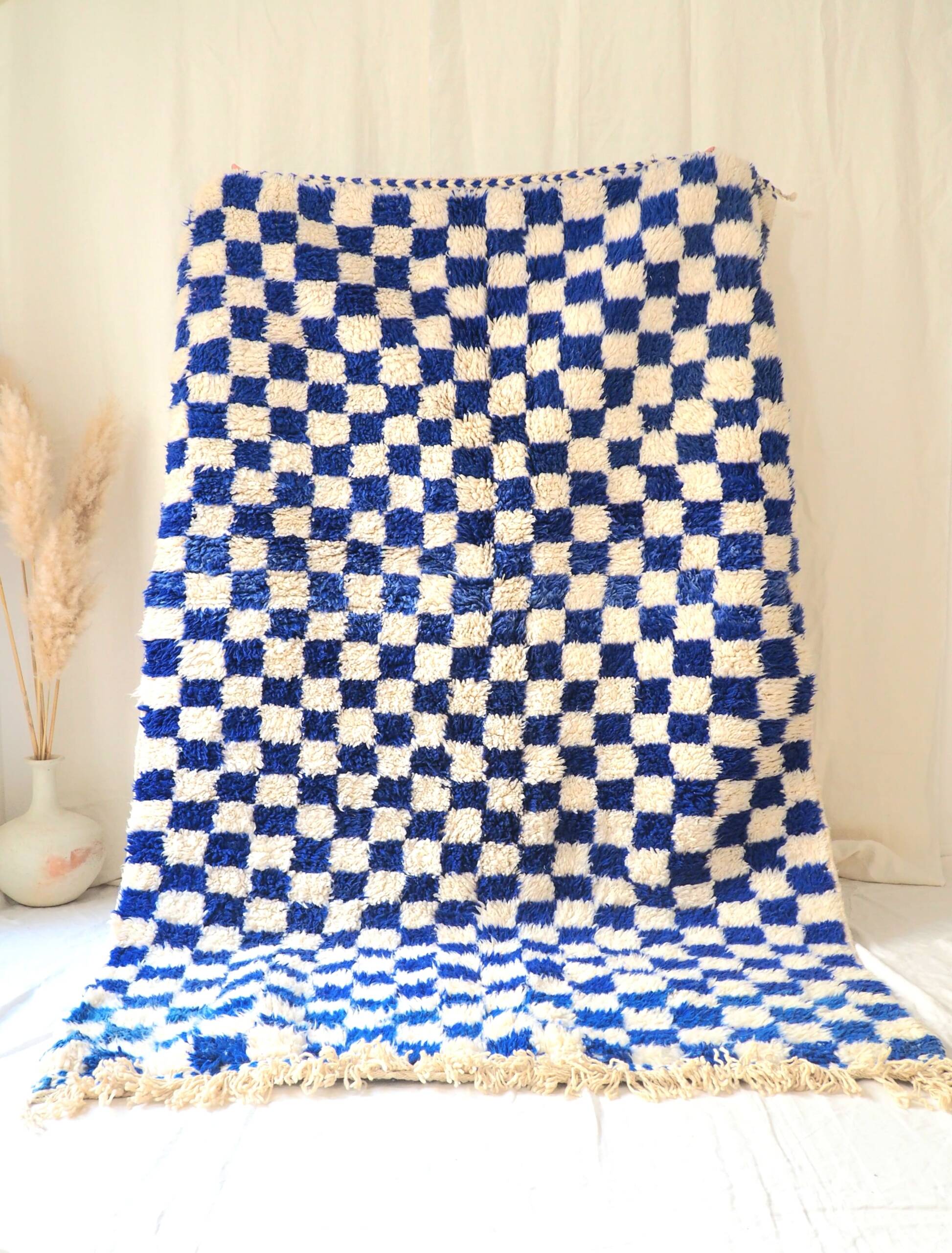 Majorelle Blue Moroccan Checkerboard Rug. Handmade, 100% pure wool. 255x165cm