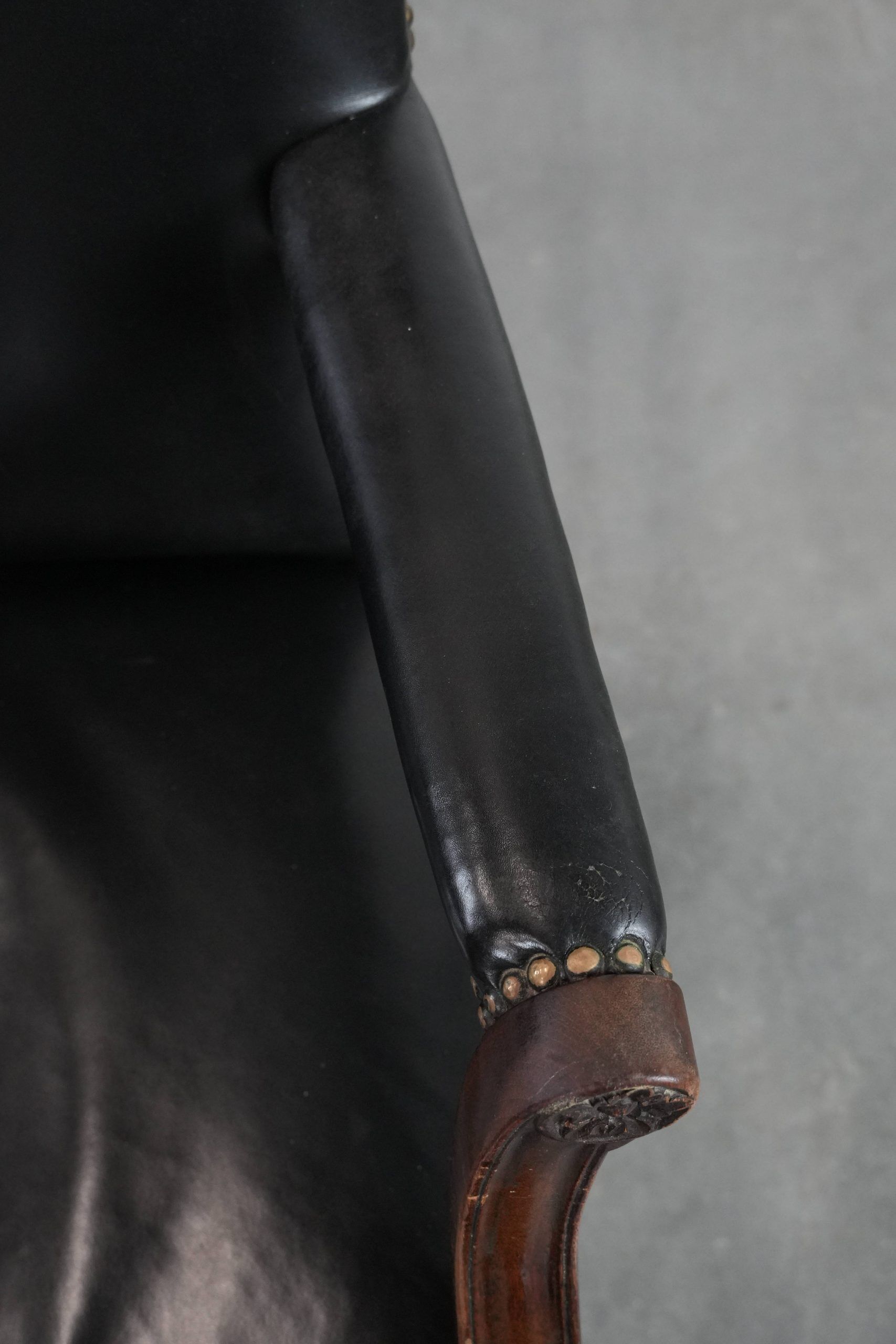 Wooden and black cow leather antique English Gainsborough side/desk/chair