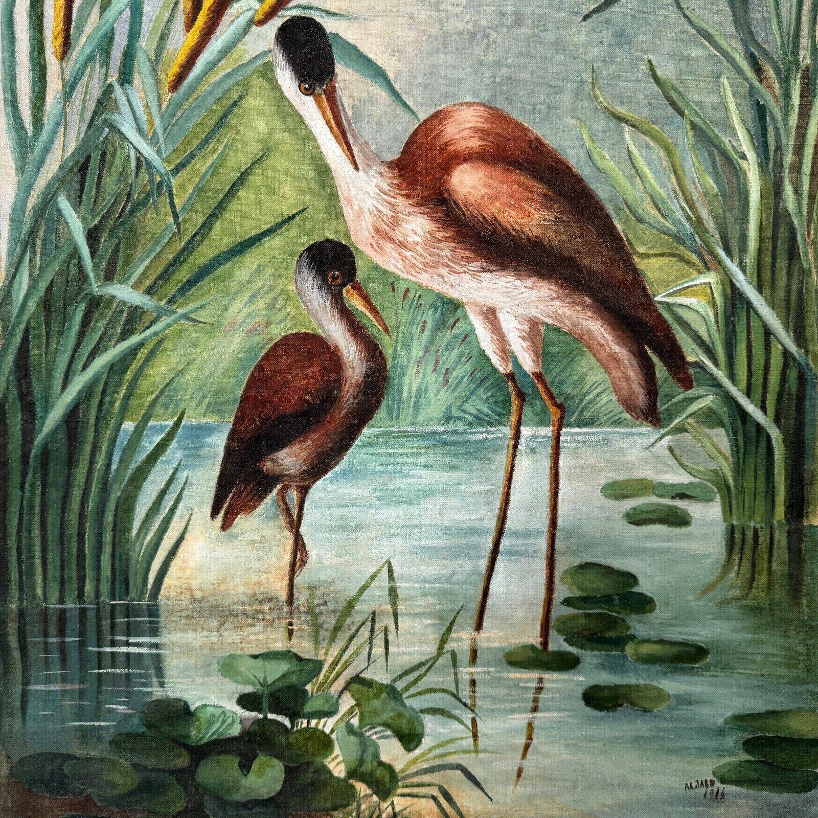Huile sur toile nature morte représentant des flamands roses