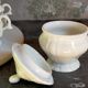 Set of seven covered pots and tray old white slurry nineteenth