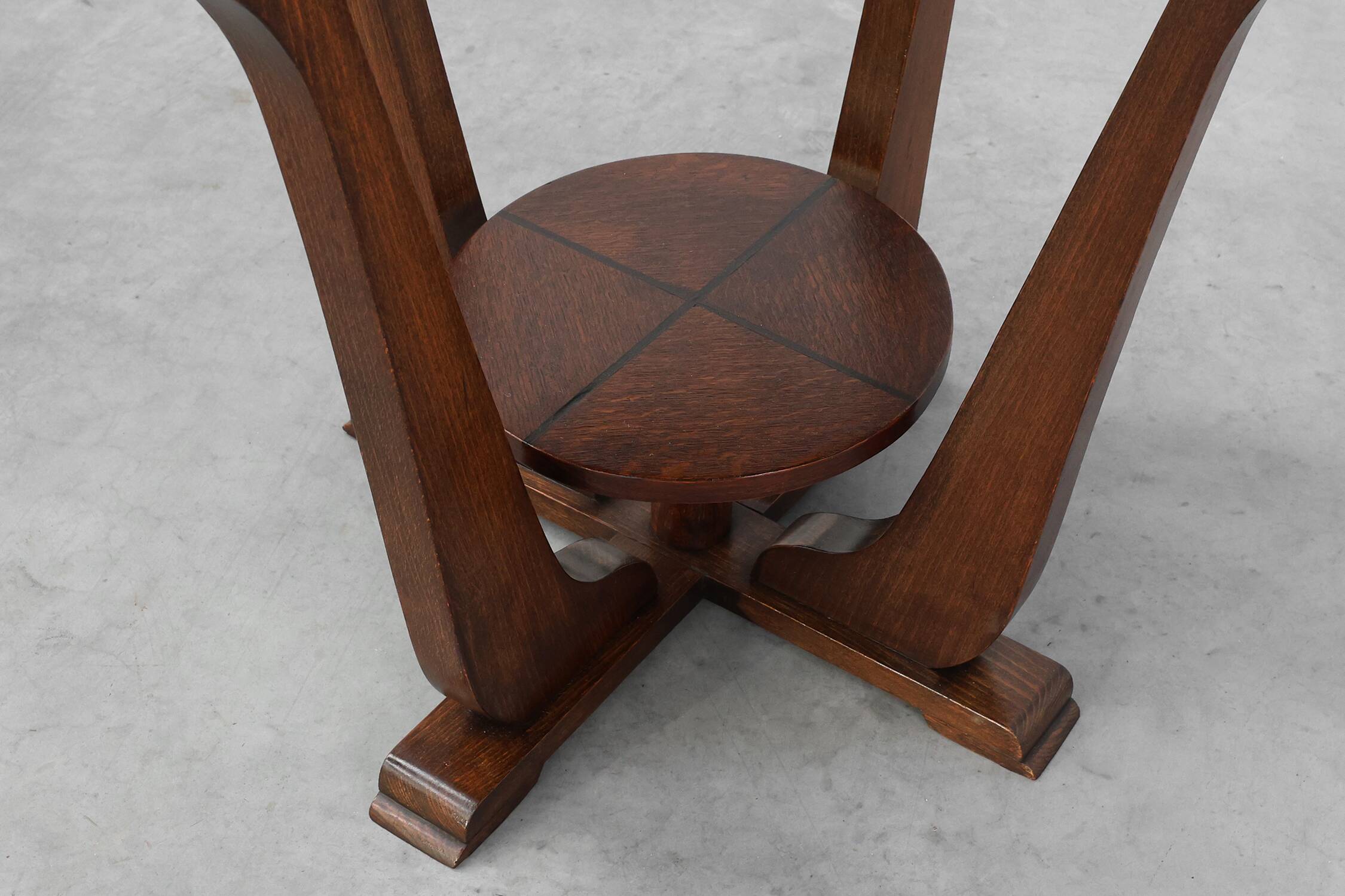 Art Deco Oak Side Table with Sculptural Base and Geometric Top, Belgium ca.