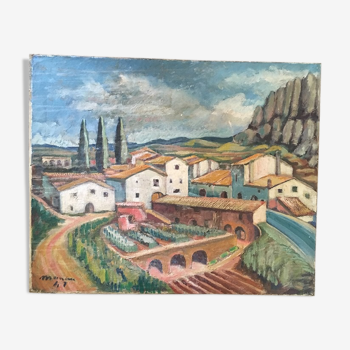 Huile sur toile "Village en Espagne"