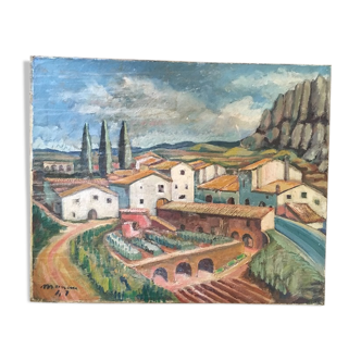 Huile sur toile "Village en Espagne"