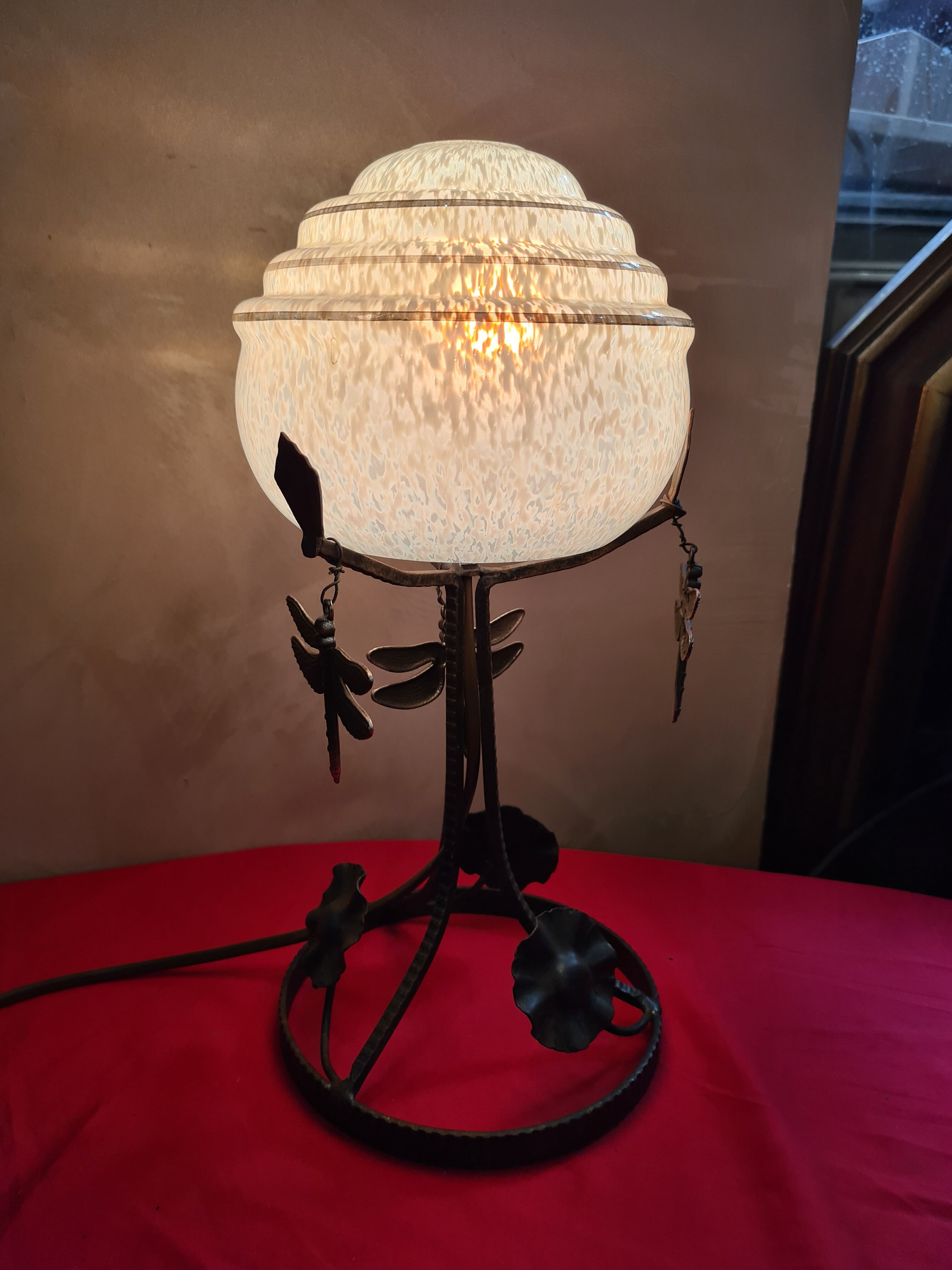 Wrought iron lamp molded blue globe clichy and its dragonfly 33x15